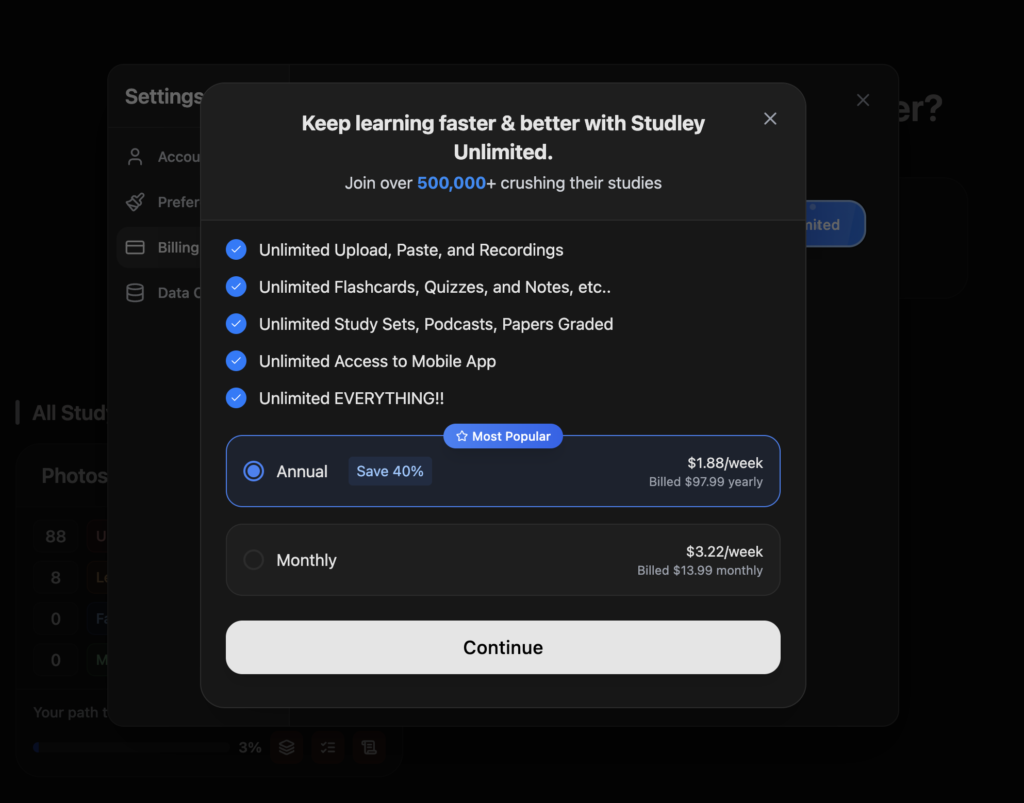 Studley Unlimited subscription popup showing features and pricing